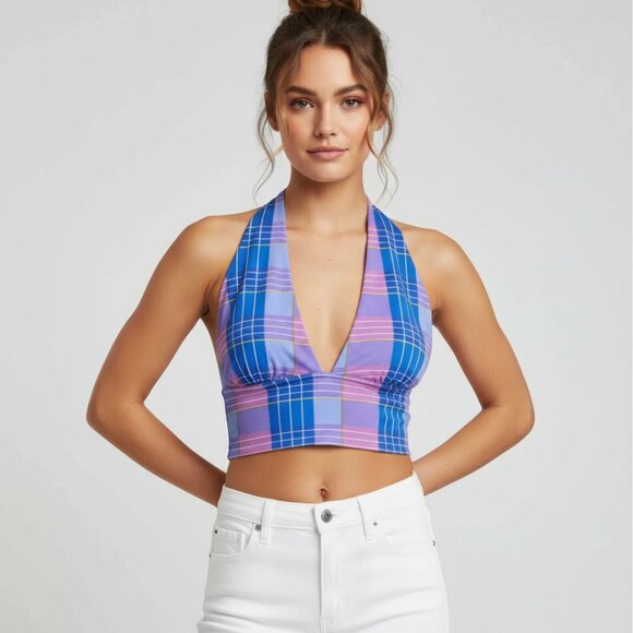Plaid Halter Crop Top By Paper + Tee In Multicolor - Picture 1 of 4